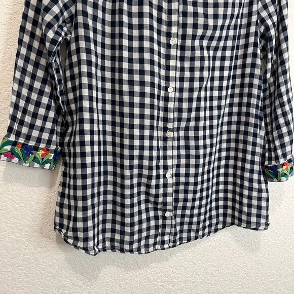 Intro Navy Blue White Gingham Floral Embroidered Button Up 3/4 Sleeve Top Sz PL - Picture 3 of 10